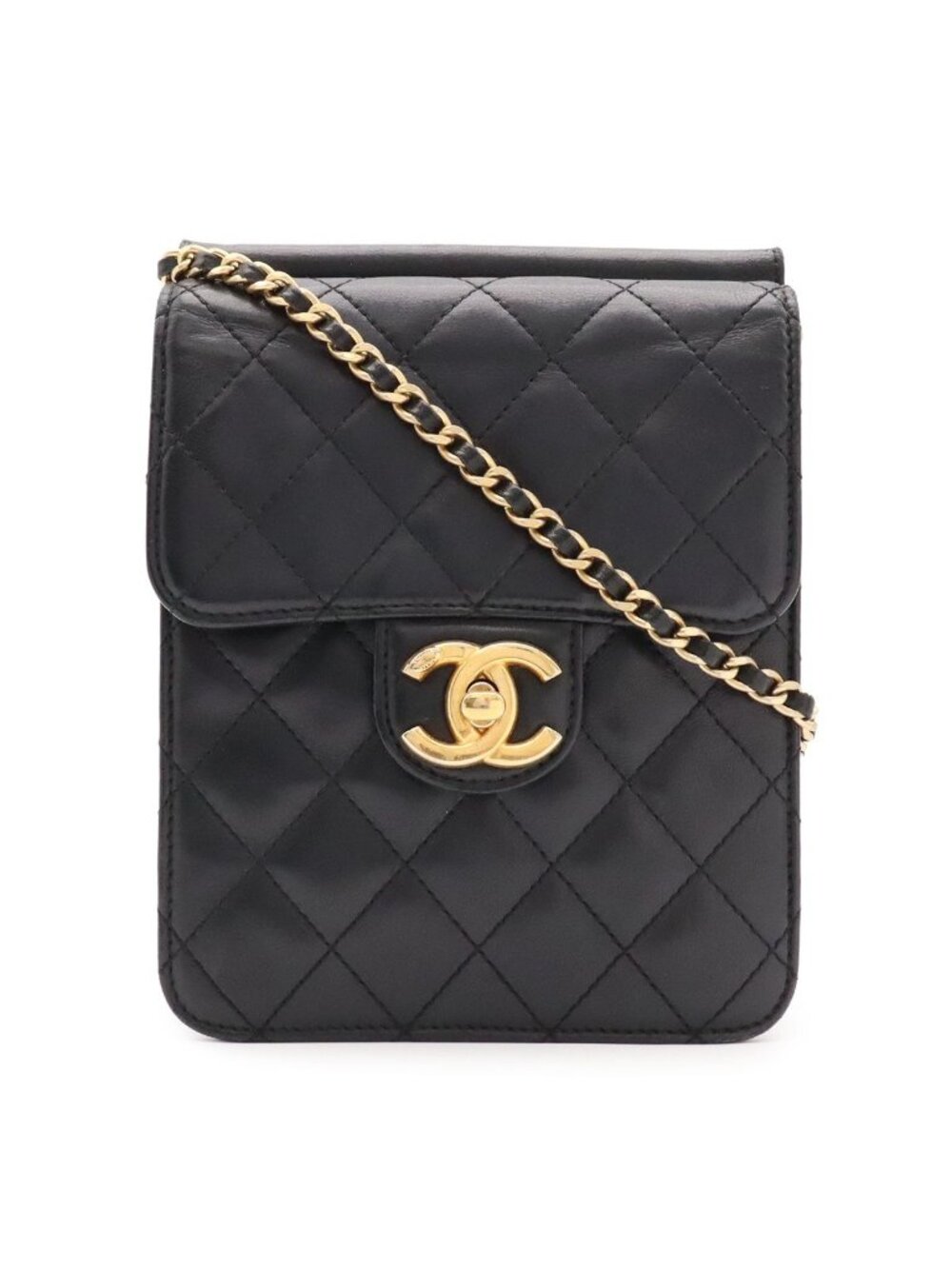 Chanel Quilted CC Logo Chain Shoulder Bag Pochette Lambskin Leather Black Gold